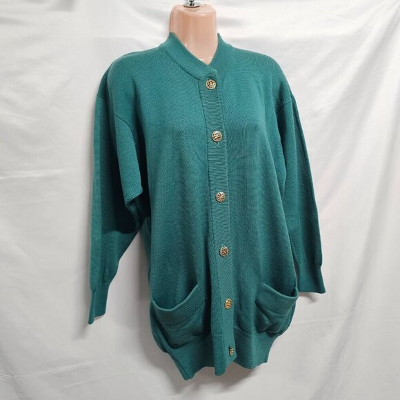 l. Magnin by Ballantyne Button Up Cardigan Sweater Women Size M Green Pure Wool - Picture 8 of 14